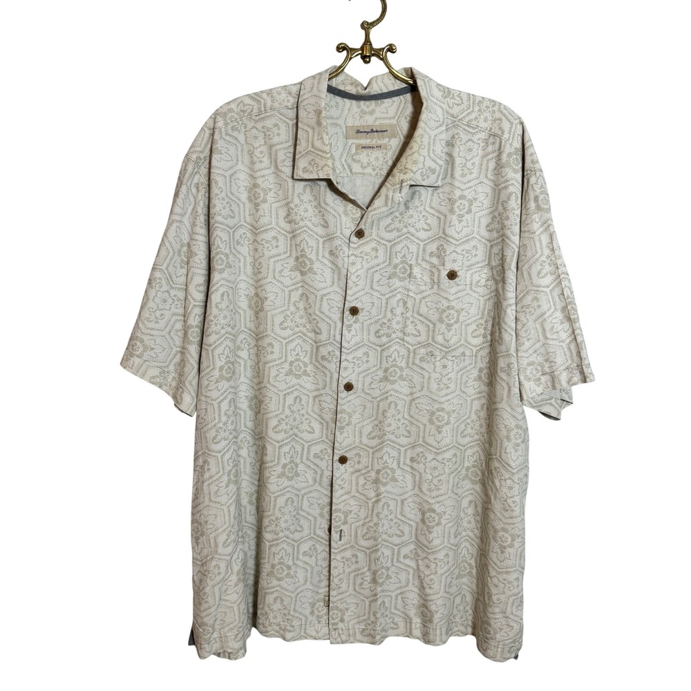 Tommy Bahama XXL Silk Blend‎ Button Up Shirt Mens Beige Geometric Original Fit